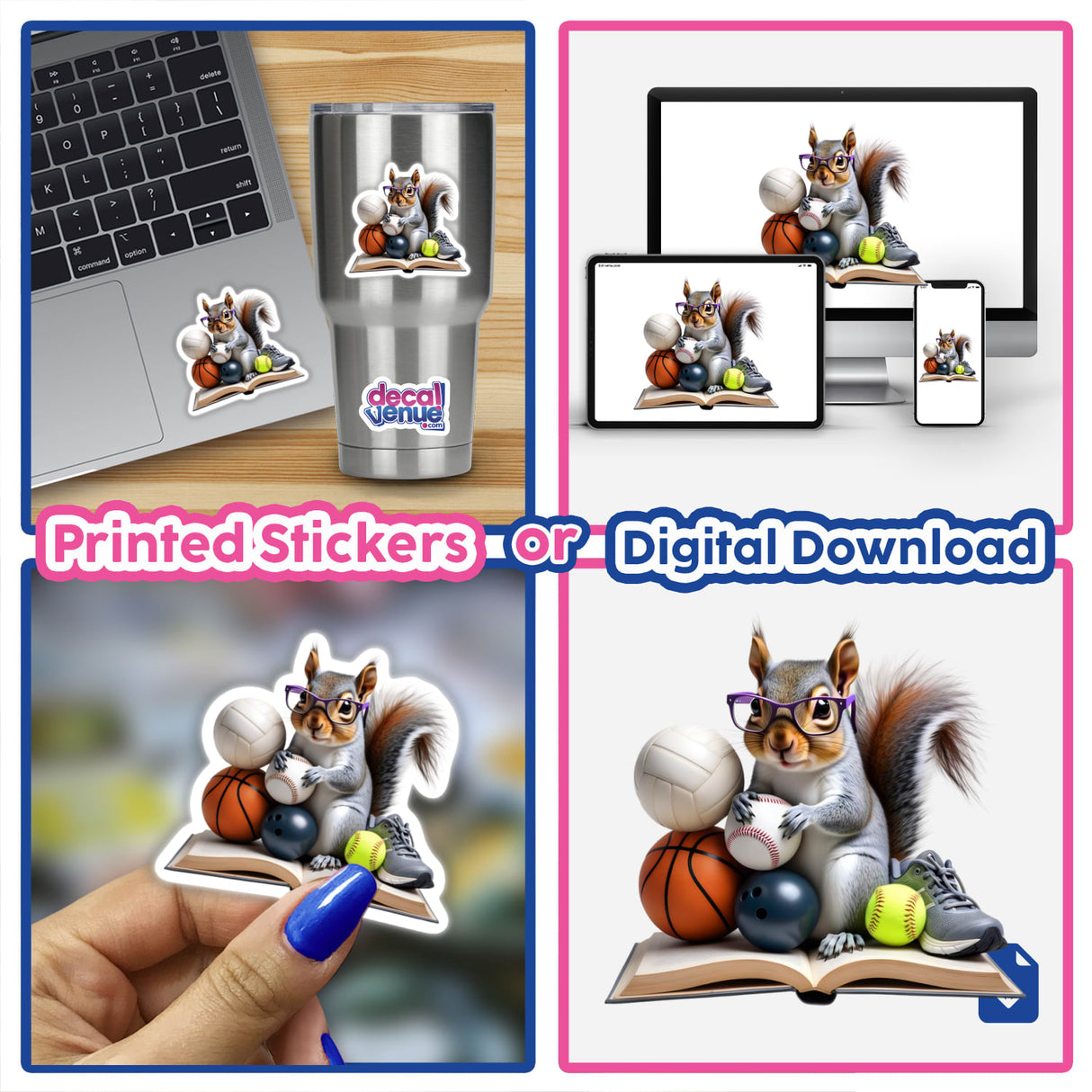 Squirrel Reading a Book with Purple Glasses and Sports Balls: A playful sticker or digital artwork featuring a cartoon squirrel holding sports balls while wearing purple glasses, available at Decal Venue.