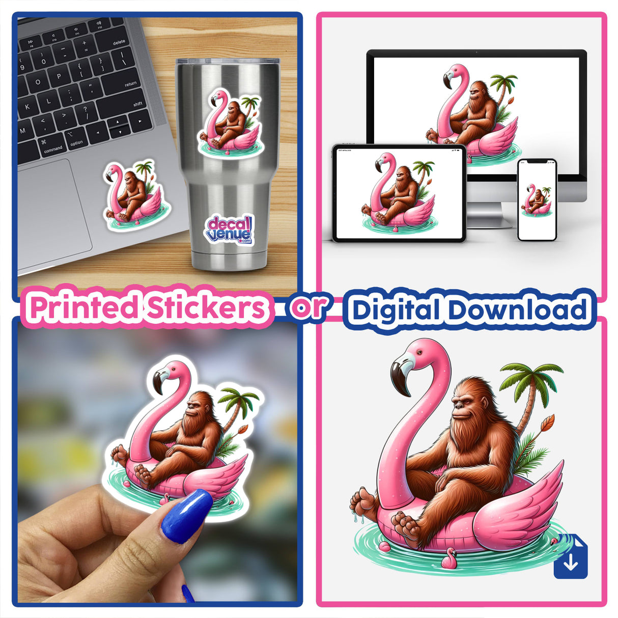 Sasquatch on a flamingo float sticker, showcased among various playful cartoon collages, emphasizing its quirky design available as a unique sticker or digital artwork from Decal Venue.