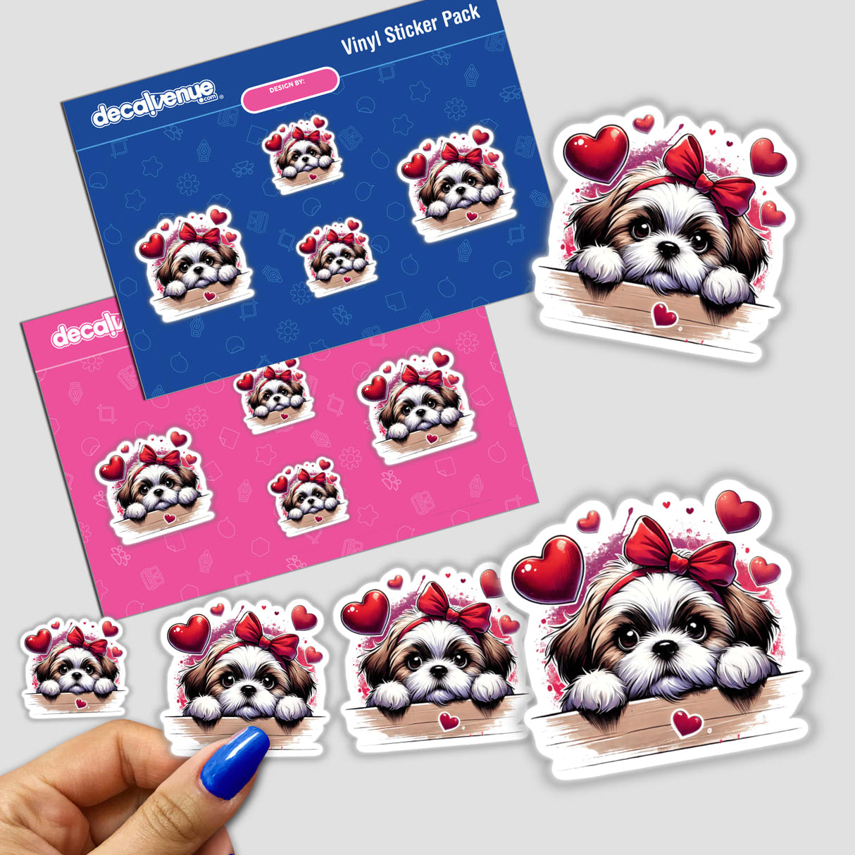 Peeking Valentine Shih Tzu Dog Splash stickers featuring a Shih Tzu with a bow and heart motifs, available as vinyl stickers or digital artwork.