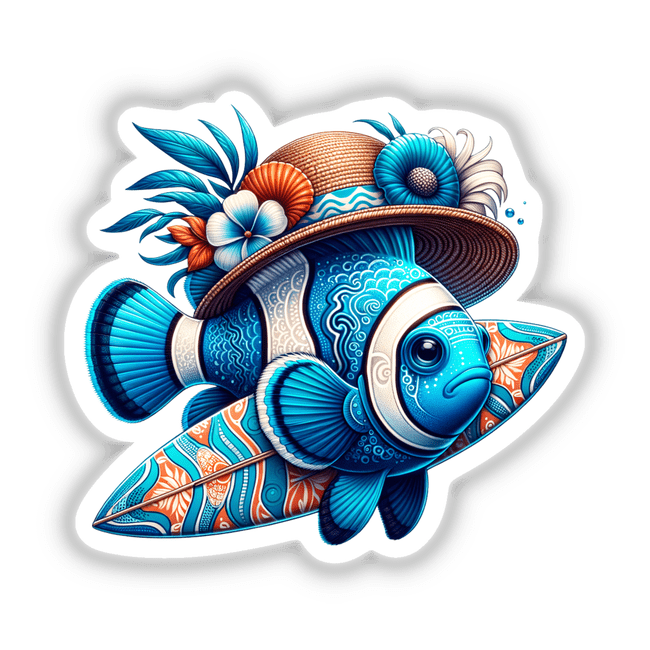 Clownfish in Summer Beach Hat with Surfboard