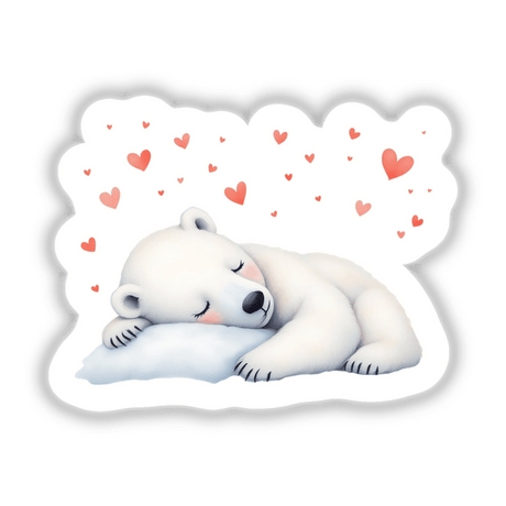 Watercolor Sleeping Polar Bear with Hearts: A charming illustration of a white bear peacefully sleeping on a pillow, surrounded by playful red hearts, adding a whimsical touch to any space.