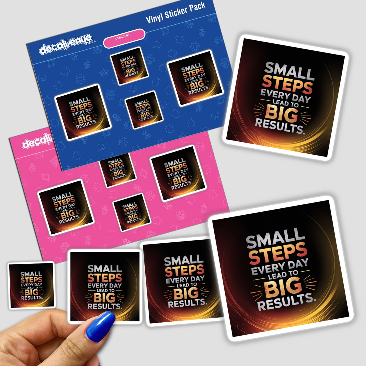 Sticker pack titled Small steps every day lead to big results, showcasing various designs, held in a hand, emphasizing motivational and creative themes. Available as stickers or digital artwork from Decal Venue.
