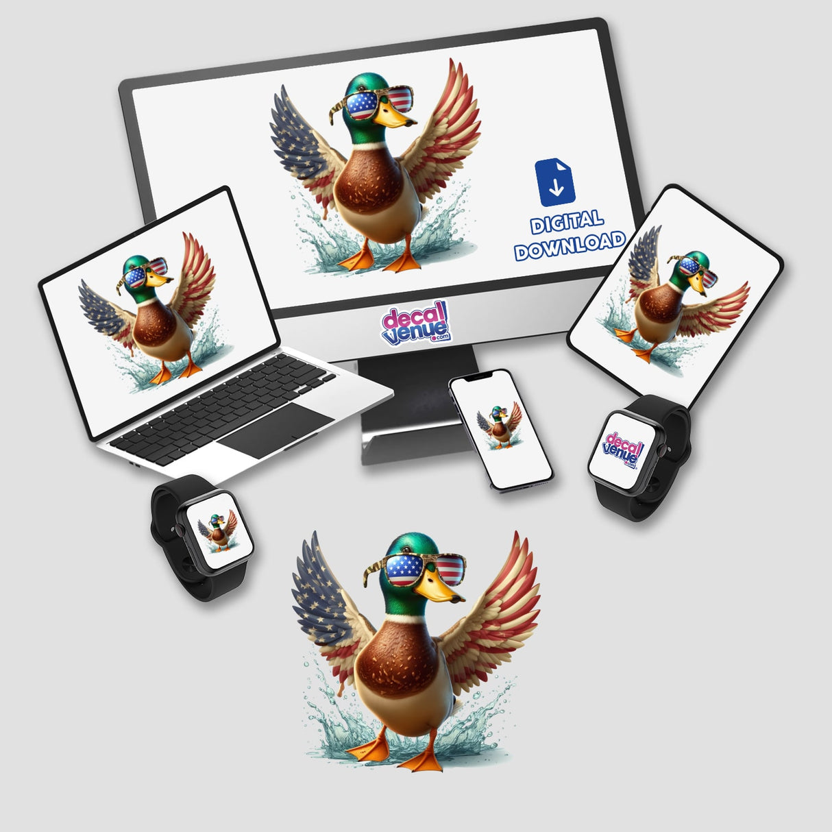 Mallard Duck American Flag Wings displayed as a sticker or digital artwork, showcasing a mallard duck with stylized wings resembling the American flag, reflecting Decal Venue's unique vinyl sticker and digital art offerings.