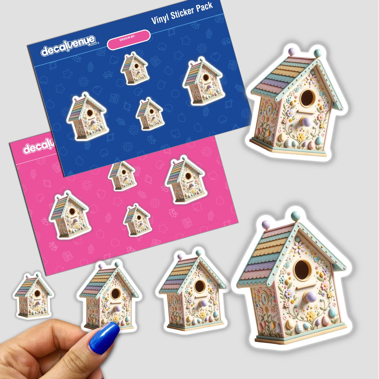 Colorful Hand-Painted Easter Birdhouse sticker pack featuring whimsical birdhouses adorned with flowers and eggs, ideal for Easter decor, available as vinyl stickers or digital downloads from Decal Venue.