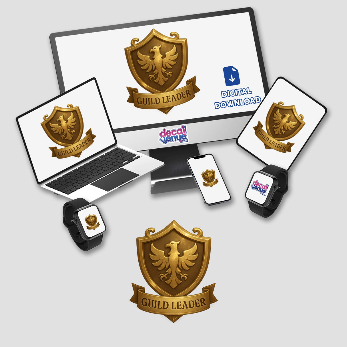 Guild Leader – RPG-Style Skill Badge (Gold Heraldic Emblem) featuring intricate heraldic design, available as unique vinyl stickers or digital artwork, embodying the distinct style of Decal Venue.