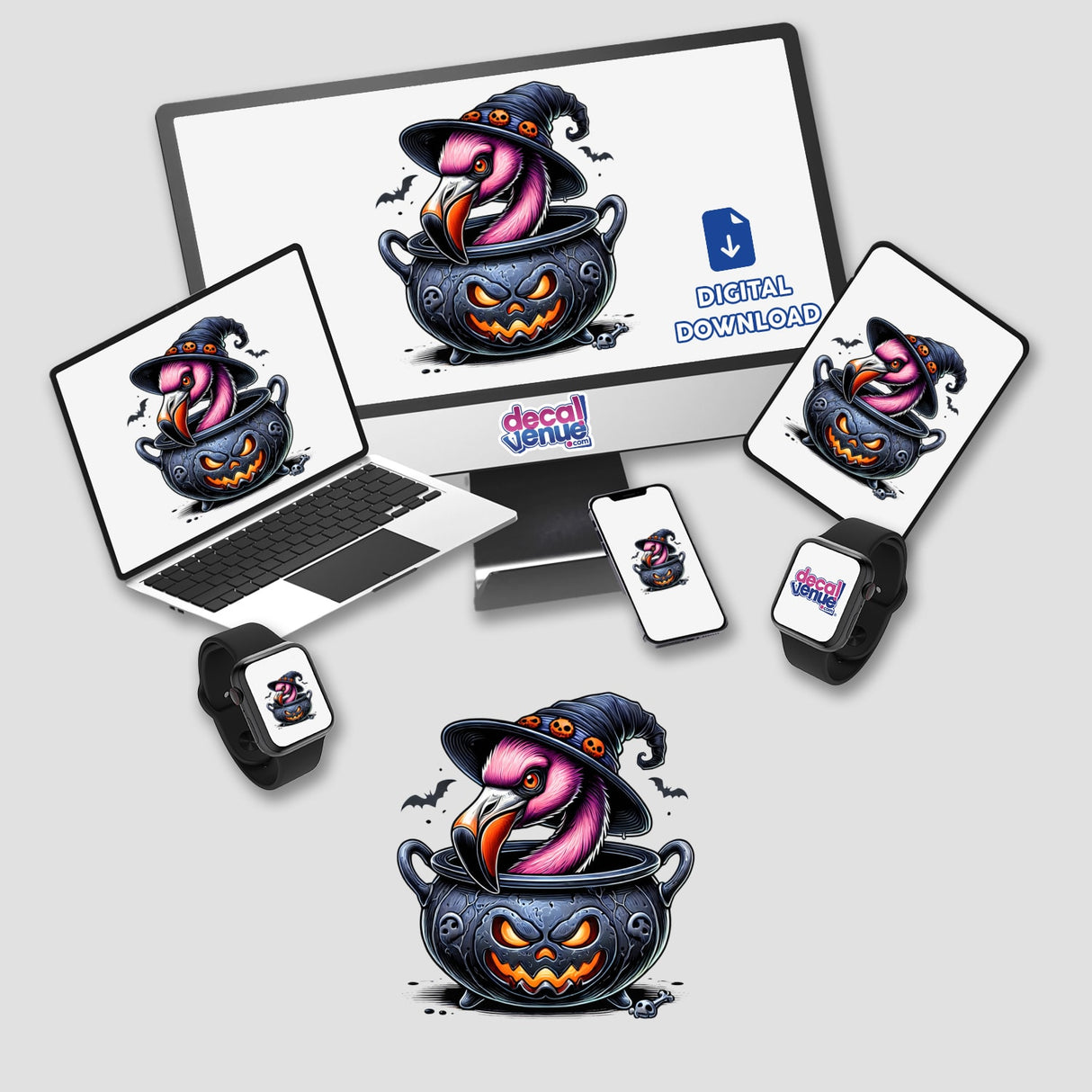 A digital artwork of a colorful flamingo peeking out of a spooky Halloween cauldron, displayed across various electronic devices on a white background.