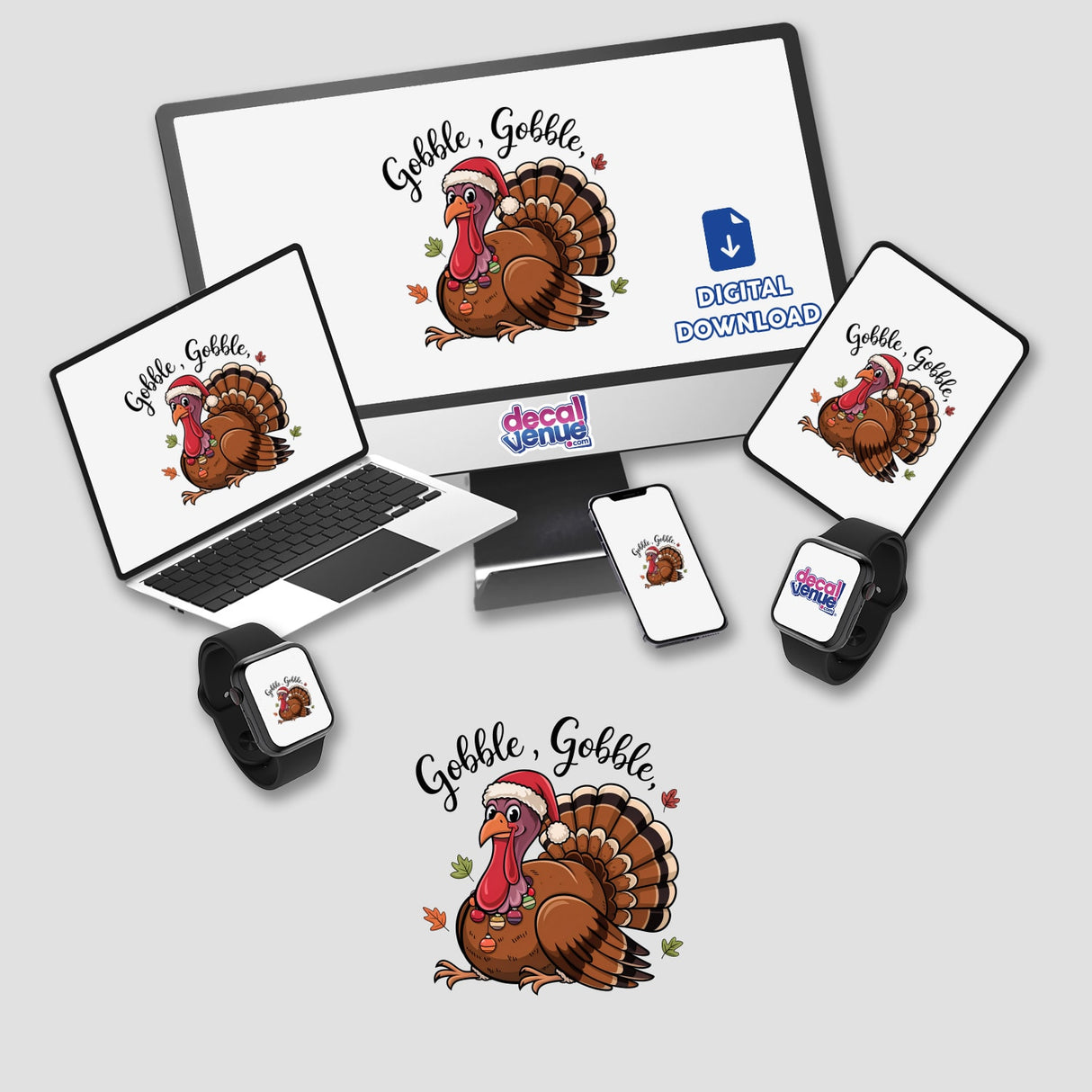 Happy Thanksgiving Gobble Turkey Bird depicted on various digital devices, including a laptop and smartphone, showcasing the cartoon turkey wearing a Santa hat, available as stickers or digital artwork.