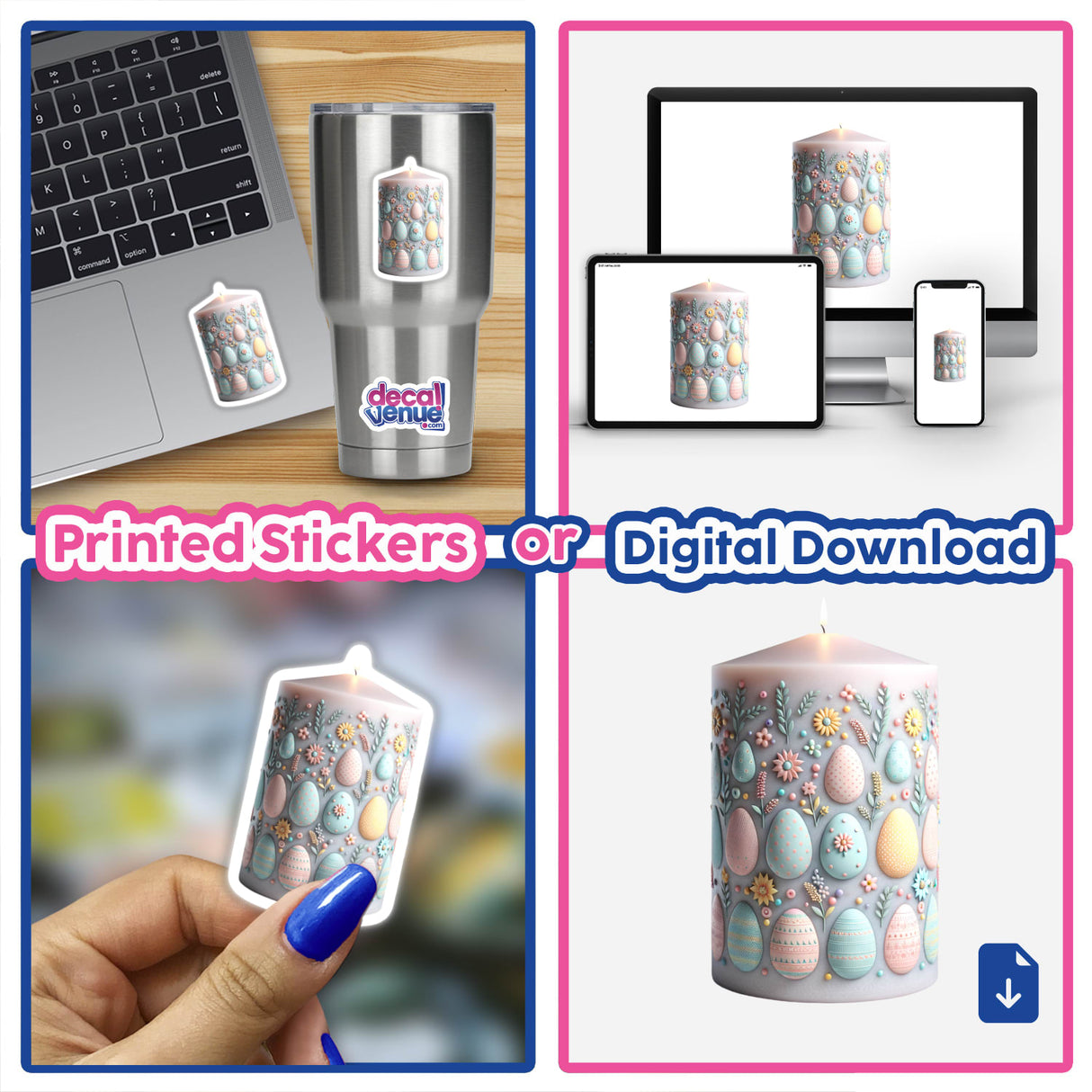 Easter Decorated Candle with Egg Designs featured among a collage, showcasing its artistic details, suitable as stickers or digital artwork, reflecting Decal Venue's unique style.