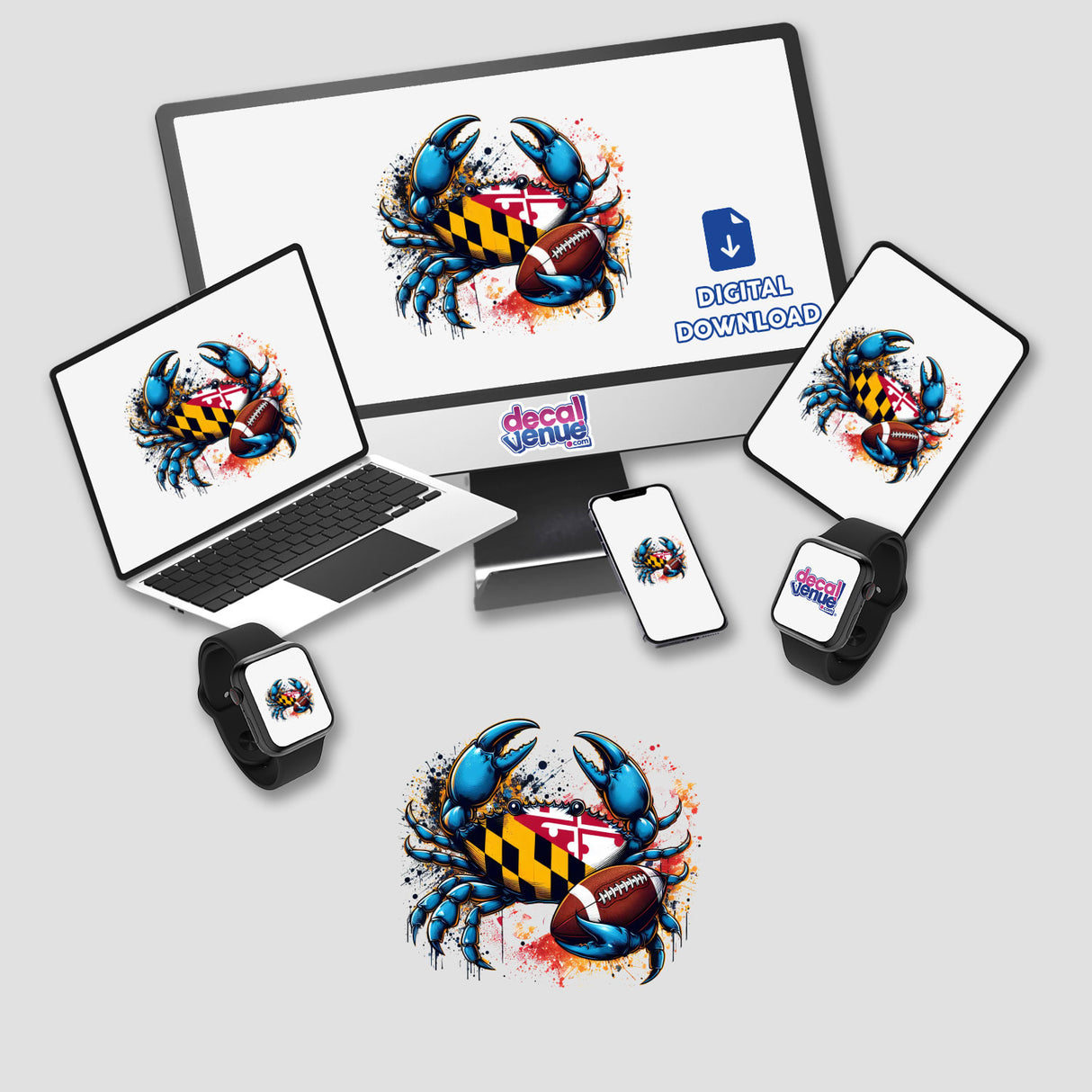 Maryland blue crab splattered with colorful paint, football accents, digital artwork on multiple electronic devices