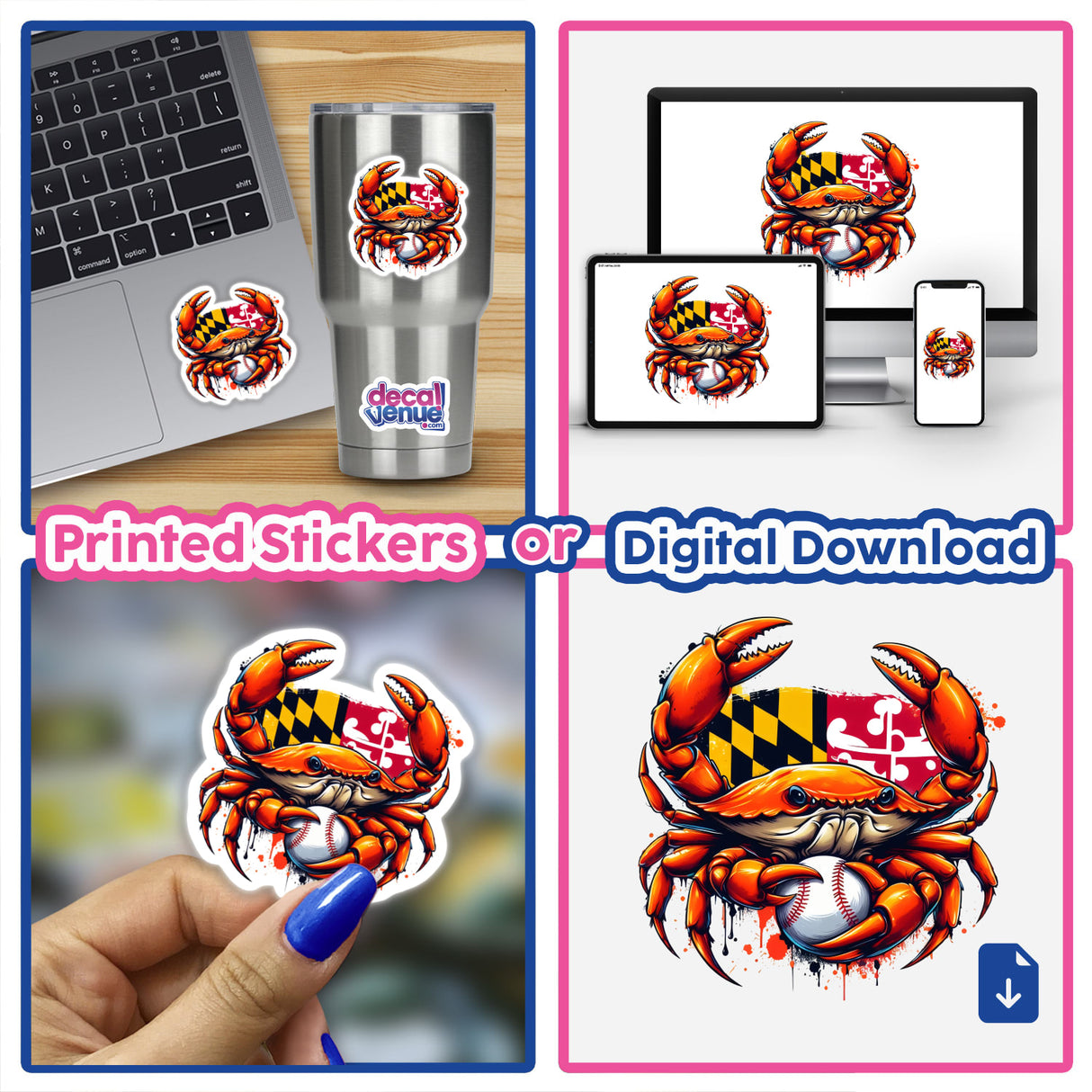 Collage of Maryland Flag Crab Splash II stickers, featuring a crab holding a baseball, showcased on various surfaces like laptops and phones, available as unique vinyl stickers or digital artwork.