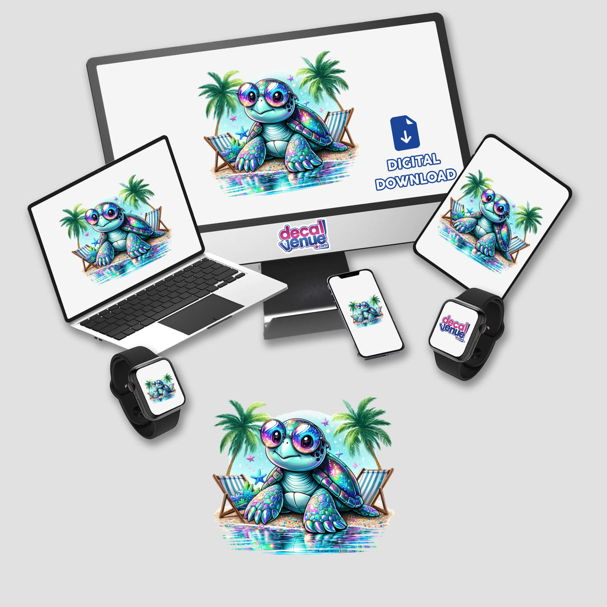 Reflecting Holographic Color Beach Sea Turtle displayed on a computer monitor and laptop screen, featuring a cartoon turtle with sunglasses, available as stickers or digital artwork from Decal Venue.