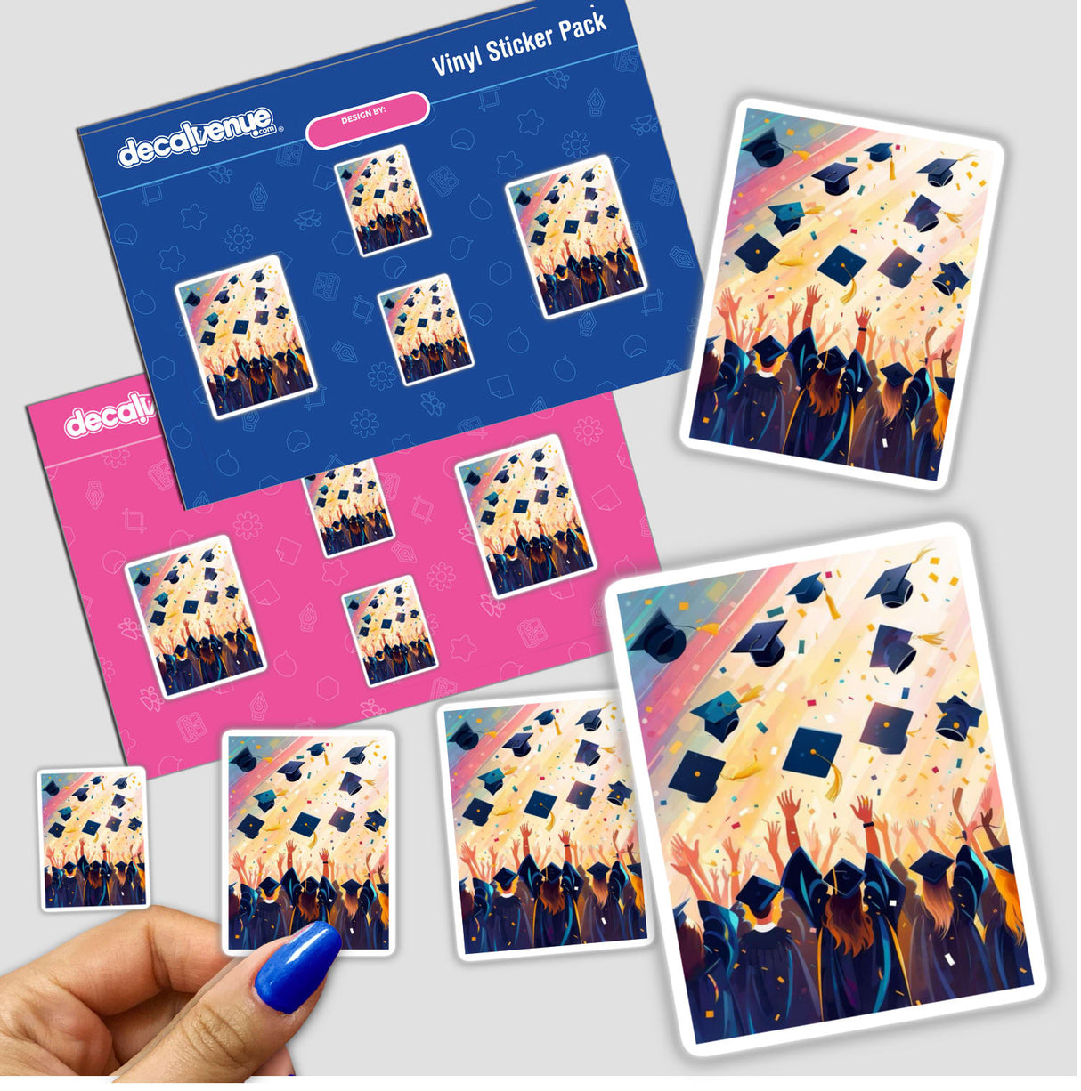 Joyful Graduation Celebration with Cap Toss and Confetti – a lively scene available as stickers or digital artwork, showcasing graduates joyously tossing caps amidst celebratory confetti.