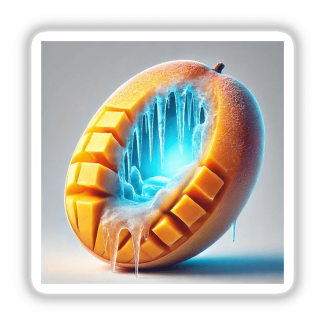 Frozen Tropics Ice Cave Inside a Mango: A detailed artwork showcasing a mango encased in ice and icicles. Available as stickers or digital art.