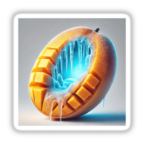 Frozen Tropics Ice Cave Inside a Mango: A detailed artwork showcasing a mango encased in ice and icicles. Available as stickers or digital art.
