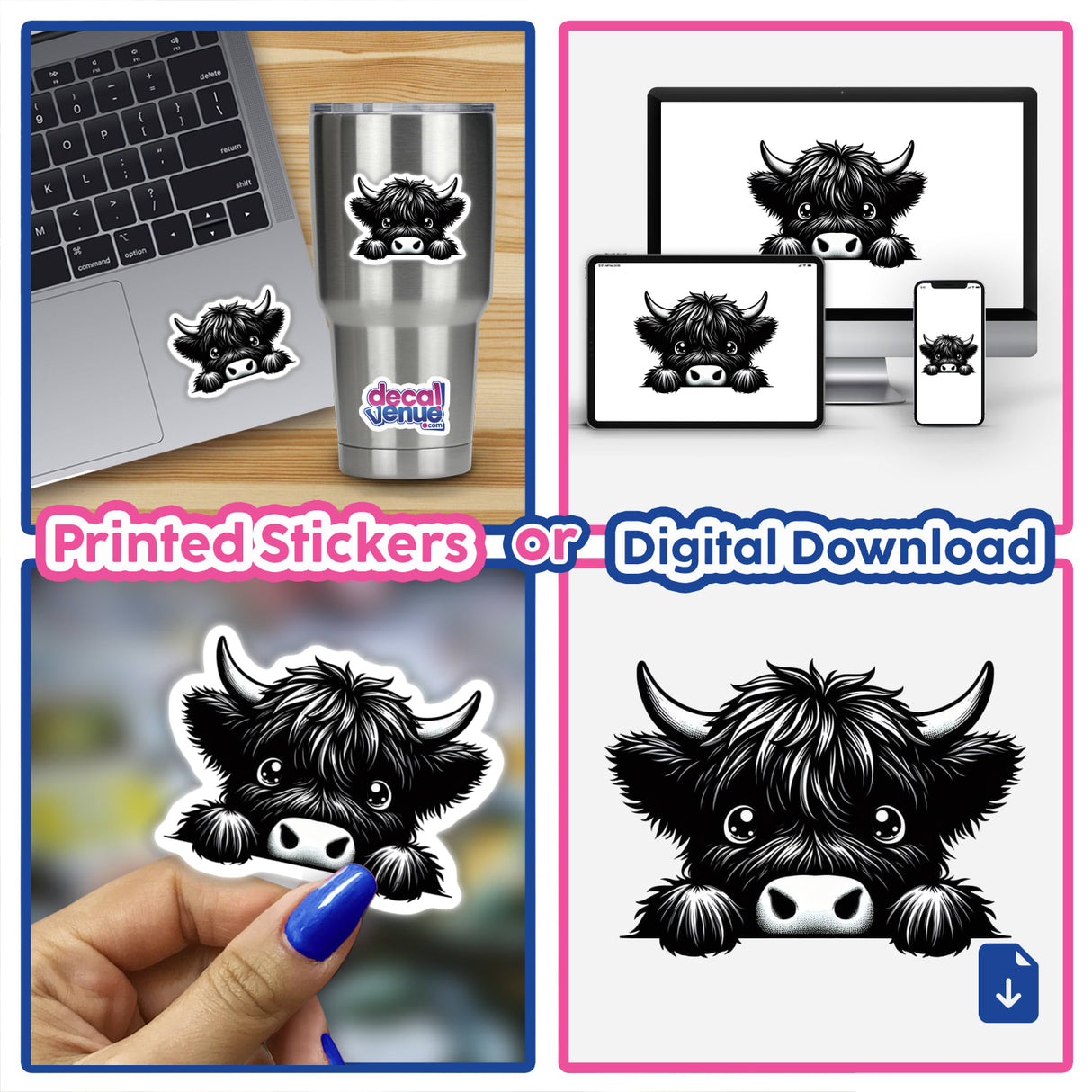 Peeking Highland Cow sticker or digital artwork, showcasing a charming cow's face partially visible, ideal for fans of unique vinyl stickers and digital art from Decal Venue.