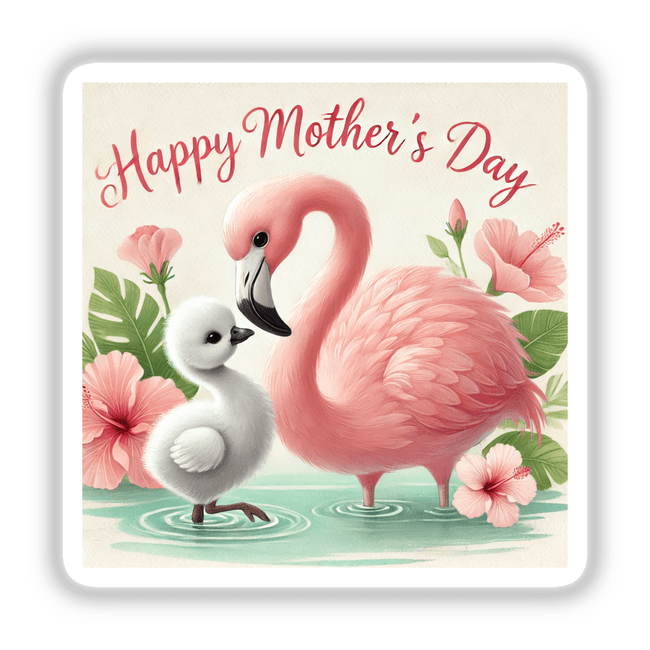 Happy Mothers Day flamingos floral illustration featuring elegant flamingos surrounded by intricate floral designs, available as stickers or digital artwork, embodying Decal Venue's unique vinyl sticker and digital art offerings.