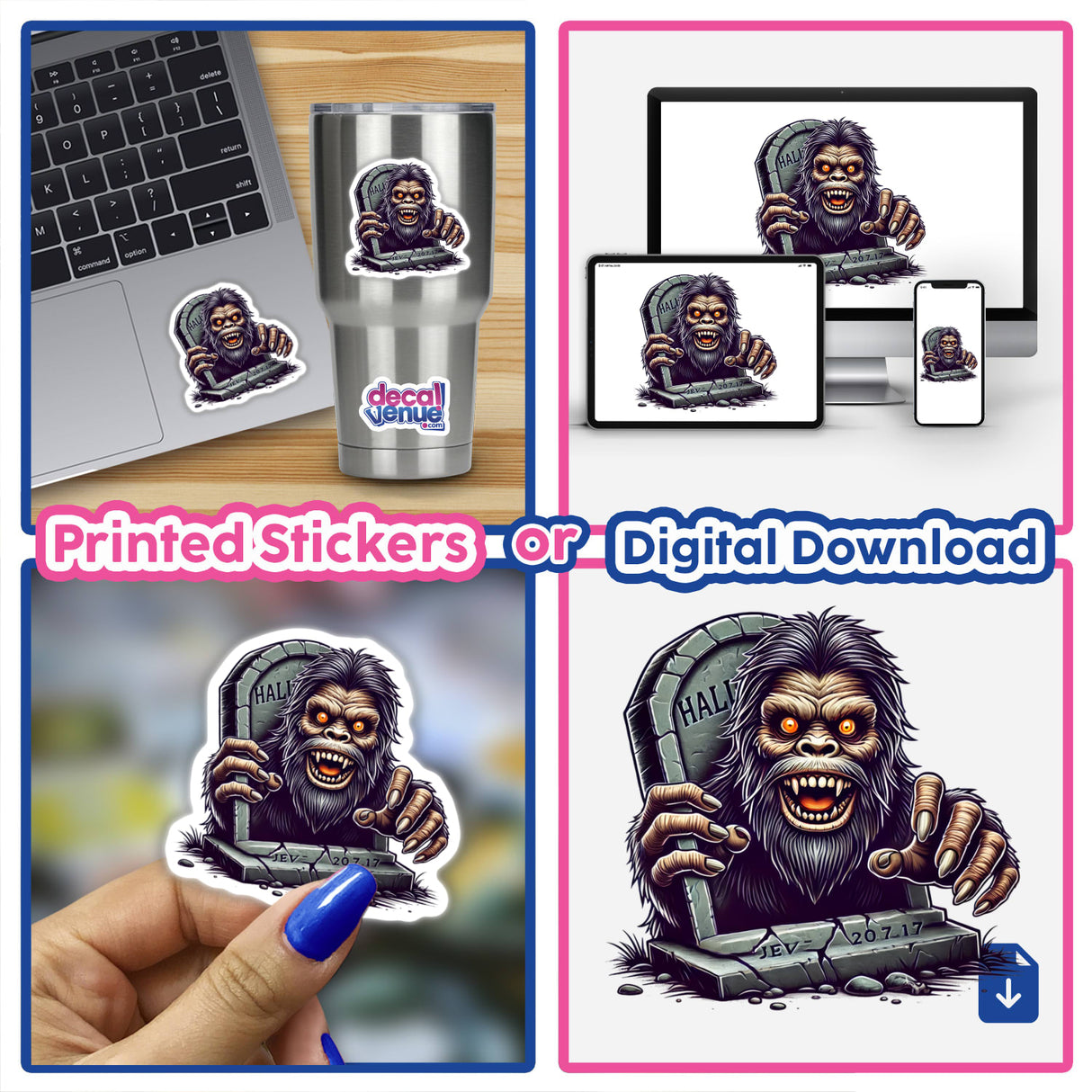 Colorful digital artwork featuring a mischievous Sasquatch peeking out from a tombstone, available as printed stickers or digital downloads from the Decal Venue store. The image showcases the quirky, whimsical design that can be applied to various surfaces like laptops, mugs, or walls to express your unique style.