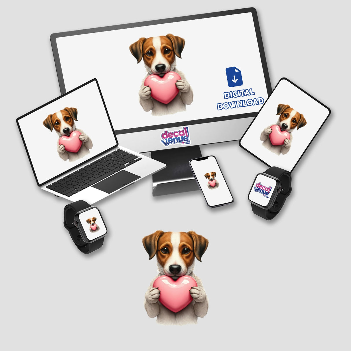 Jack Russell Terrier holding a pink heart, available as unique stickers or digital artwork from Decal Venue.