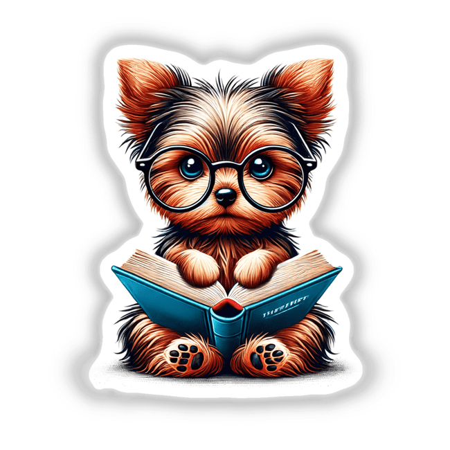 Yorkie Dog With Reading Glasses Open Book
