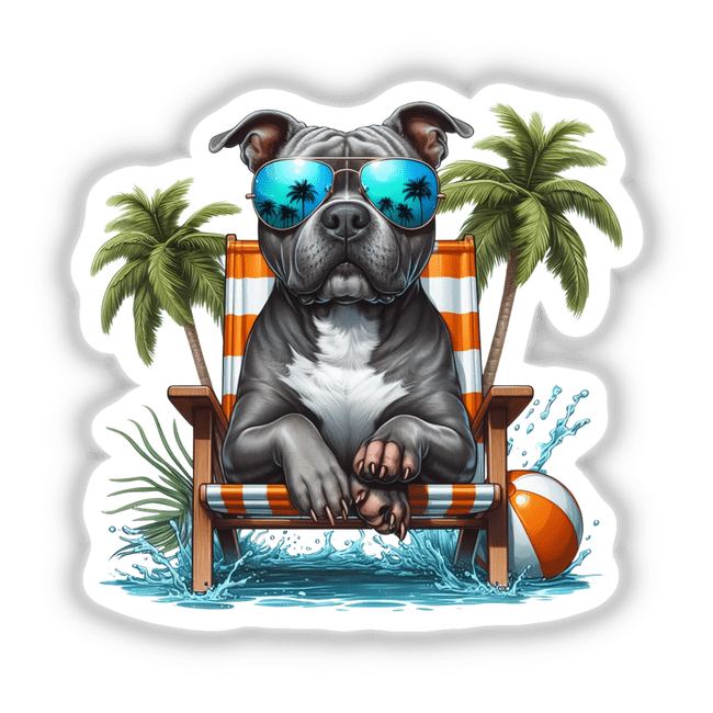Cool Dude Gray Pitbull wearing sunglasses, sitting relaxed in a beach chair. Available as stickers or digital artwork, this unique design captures a laid-back canine vibe, perfect for vinyl sticker enthusiasts.