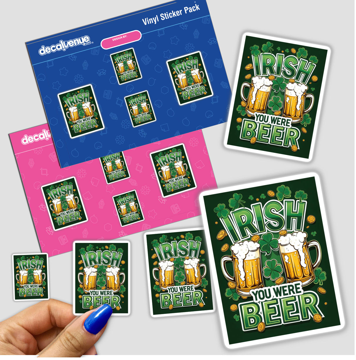 Sticker pack titled Festive Irish Design featuring beer mugs, shamrocks, and gold coins, held in a hand, offered as both stickers and digital artwork.