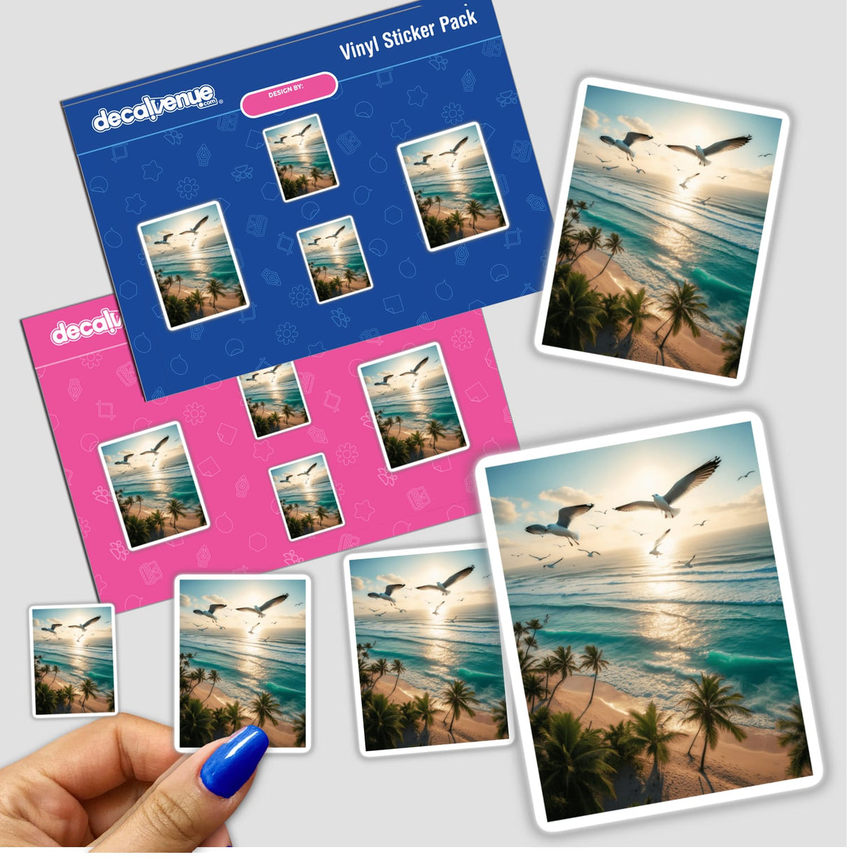 Ocean Breeze Seagulls Over Tropical Beach sticker pack, featuring images of birds flying over a beach, held in a hand. Available as vinyl stickers or digital artwork from Decal Venue.