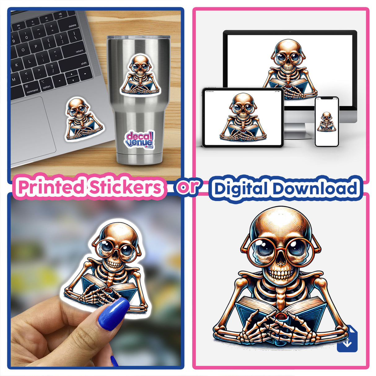 Skeleton with Reading Glasses Holding an Open Book - Digital Artwork for Customizable Stickers or Downloads at Decal Venue's Online Store