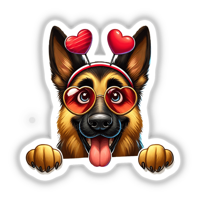 Peeking German Shepherd Cupid Dog sticker featuring a cartoon dog with heart-shaped sunglasses, embodying playful charm. Available as a sticker or digital artwork.
