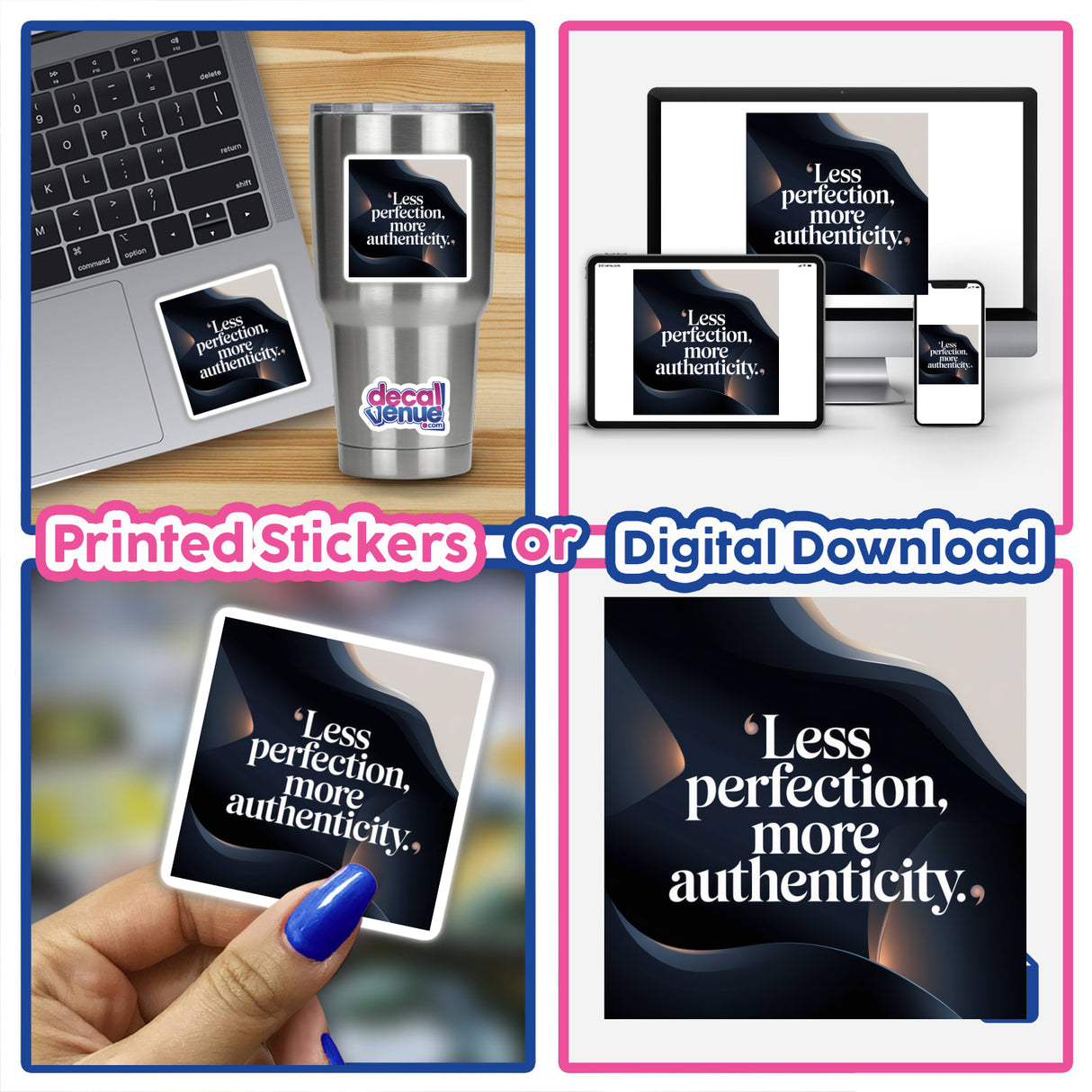 Collage featuring Less perfection, more authenticity text on a laptop sticker, alongside a close-up of a hand holding a card, a keyboard, and a computer screen, emphasizing unique digital art.