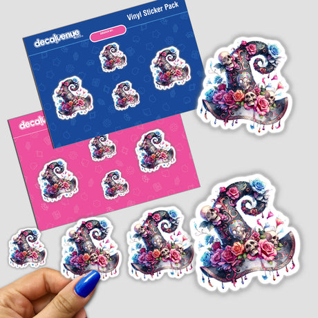 Halloween Witch Hat with Skulls sticker featuring intricate skull and flower designs, ideal for unique decoration. Available as both a physical sticker and digital artwork from Decal Venue.