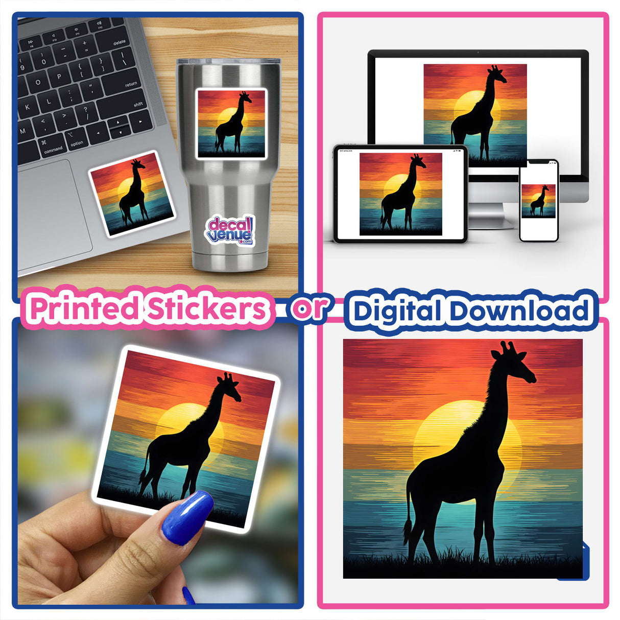 Collage of Giraffe Silhouette with Dynamic Color Stripes featuring giraffe silhouettes against sunsets, stickers, and digital artwork.