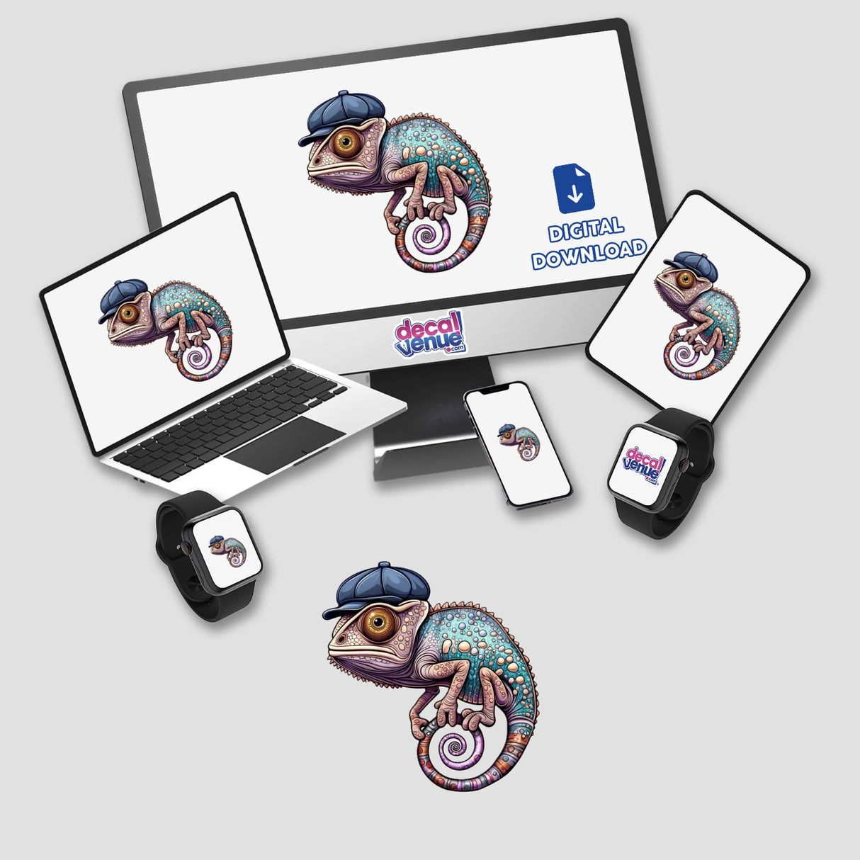 a laptop, phone, and other electronic devices with a chamelon sticker