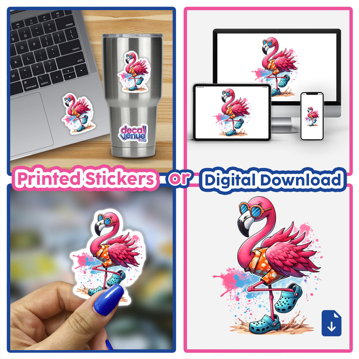Beach Ready Summertime Flamingo II features a playful flamingo design, available as a sticker or digital artwork, embodying Decal Venue's flair for unique vinyl art and digital creativity.