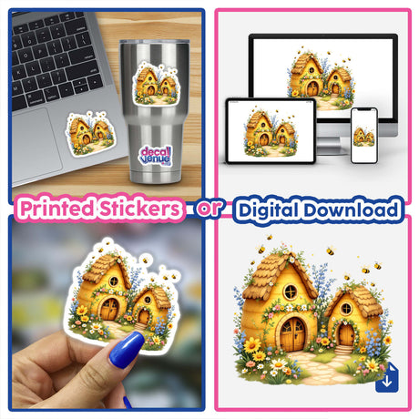 Whimsical Bumblebee Houses Nestled Among Spring Flowers sticker on a laptop, showcasing charming bumblebee houses surrounded by blooms, ideal for personalizing devices with nature-inspired art from Decal Venue.