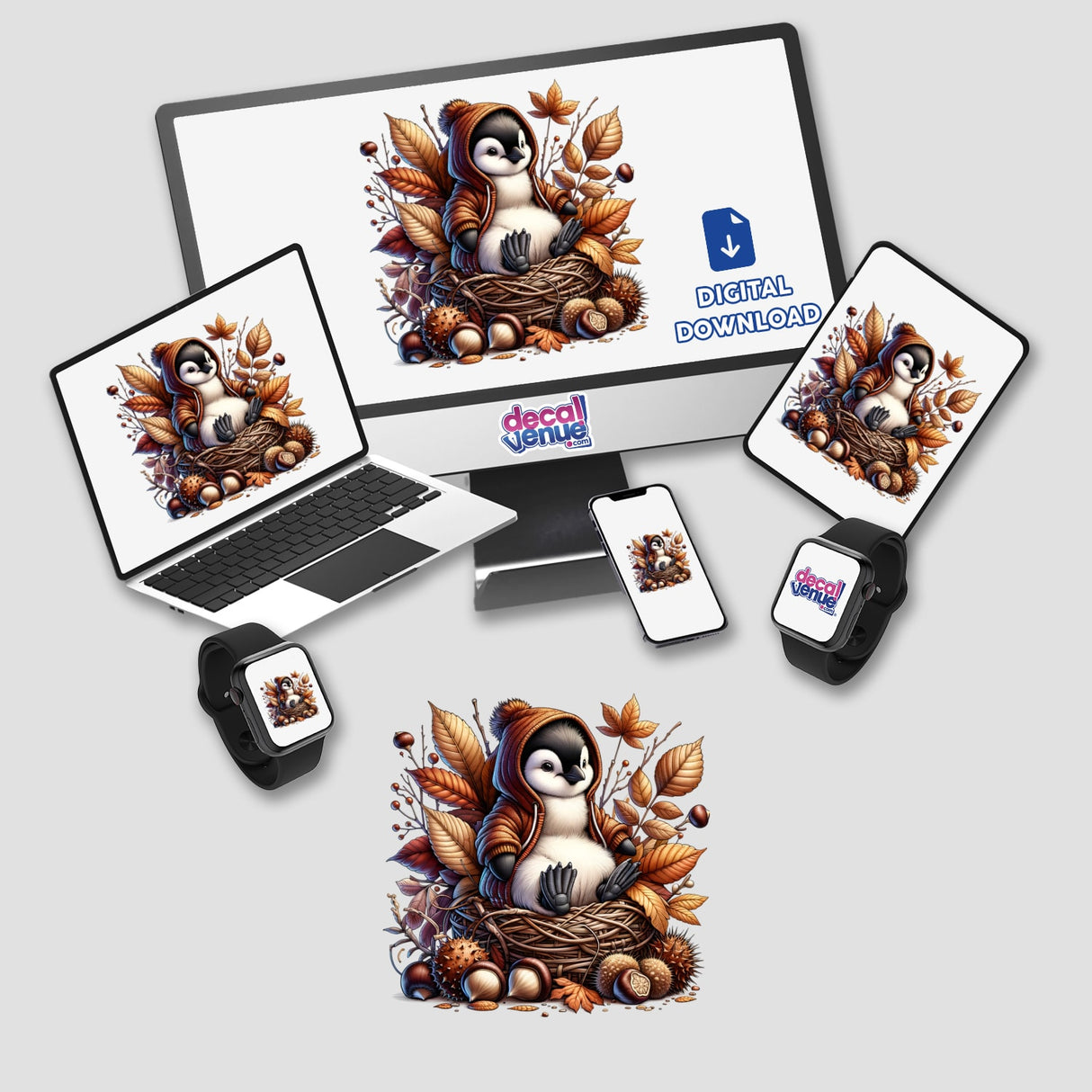 Autumn Penguin in Cozy Sweater on computer monitor and laptop screens, surrounded by digital artwork of a penguin in a nest, offered as stickers or digital art.