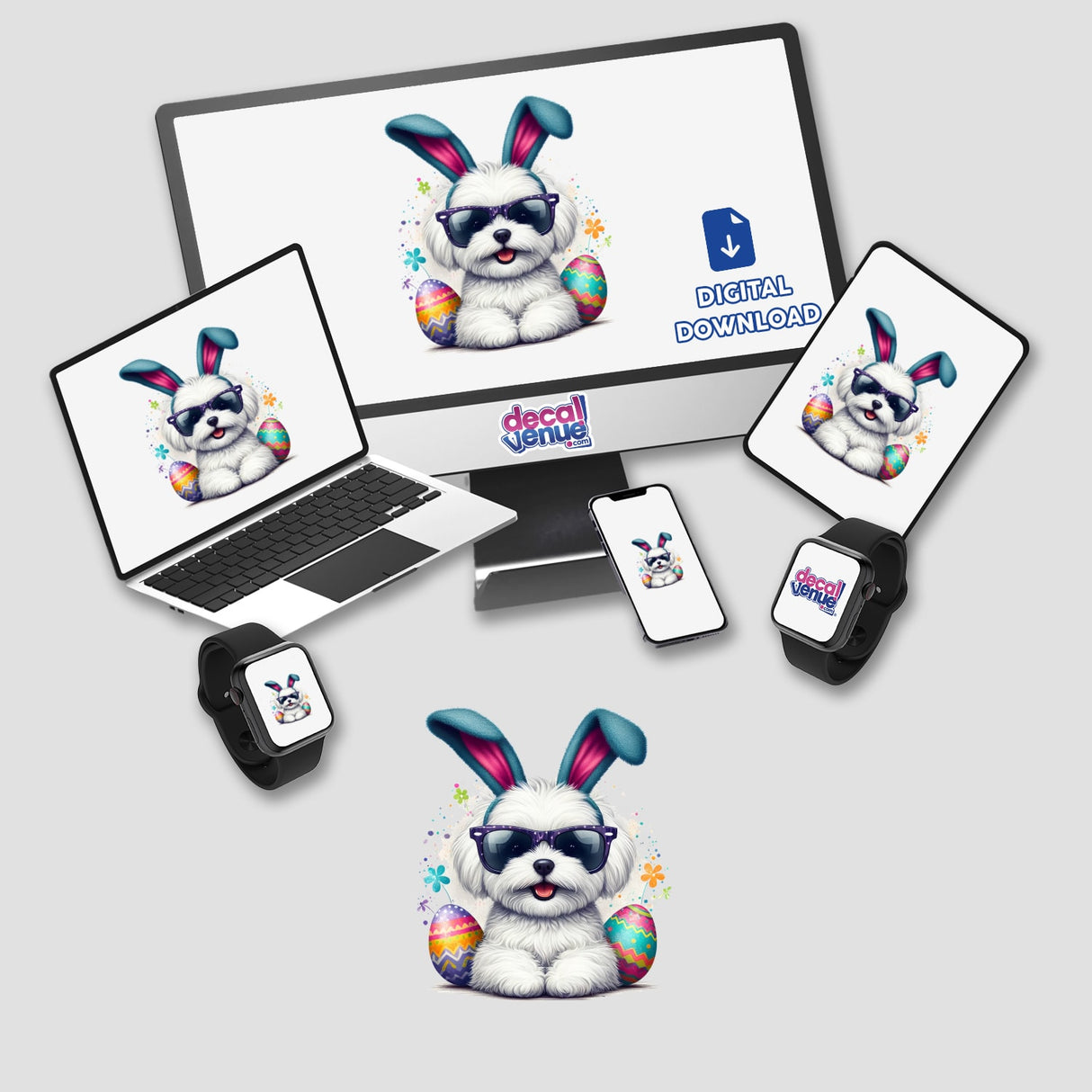 Maltese Easter Bunny-themed stickers or digital artwork featuring a cartoon dog with sunglasses and bunny ears displayed on a computer monitor and laptop.