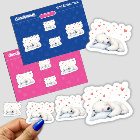 Watercolor Sleeping Polar Bear with Hearts sticker, featuring a serene polar bear surrounded by playful hearts, ideal for adding charm to any space. Perfect for fans of unique vinyl art.