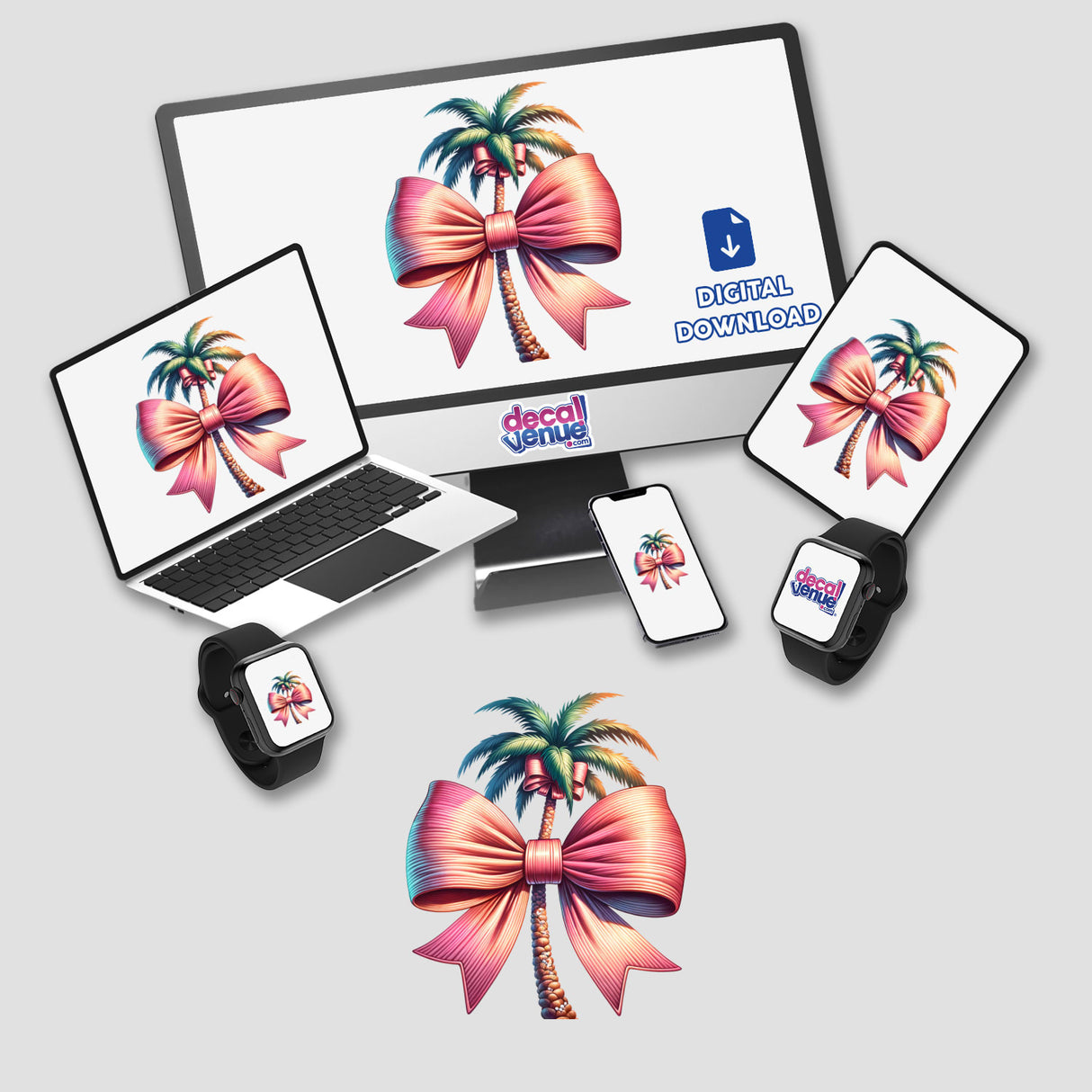 Vibrant palm tree digital artwork with pink bow, showcased on various electronic devices from Decal Venue's online store.