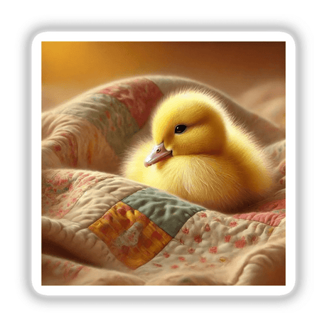 Duckling on Patterned Quilt: A close-up of a yellow duckling sitting on a quilt, available as stickers or digital artwork.