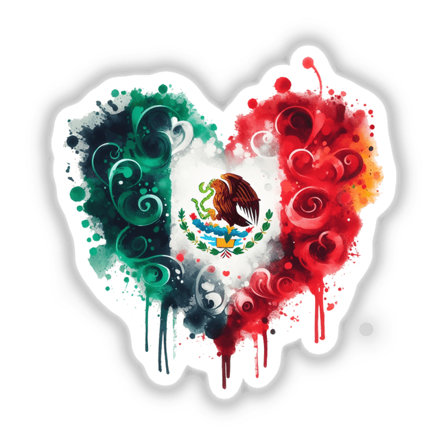 Watercolor Mexican Flag Heart with paint splatter design, featuring an eagle motif. Available as stickers or digital artwork from Decal Venue, showcasing unique vinyl stickers and digital art.