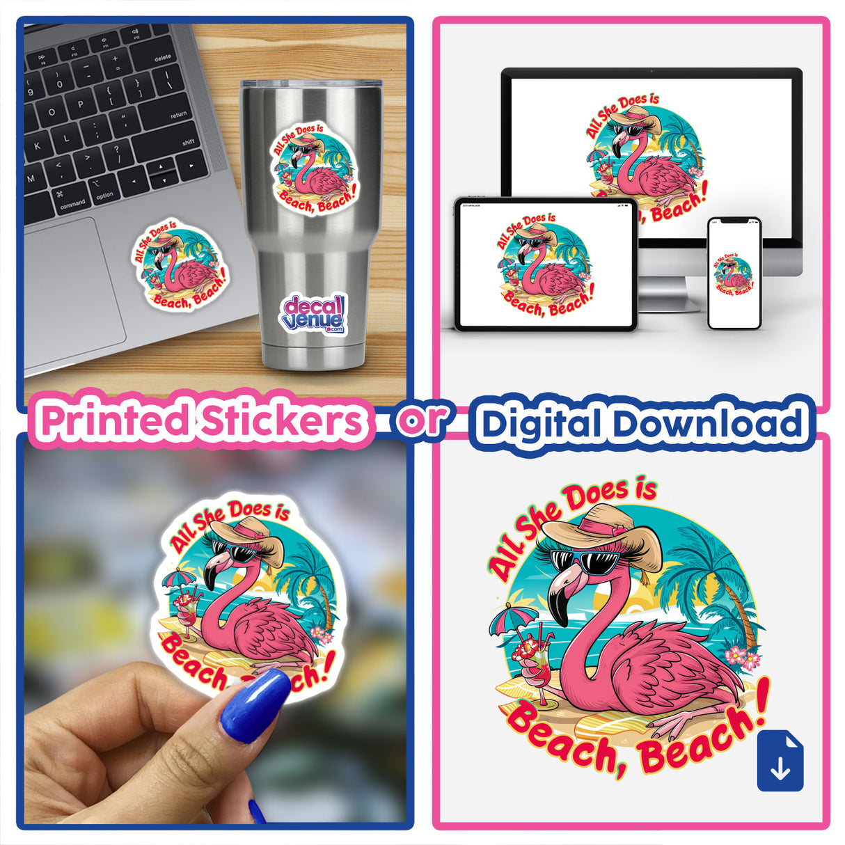 Vibrant tropical digital artwork featuring a flamingo bird with the text "All She Does is Beach, Beach" on a variety of digital devices and printed stickers.