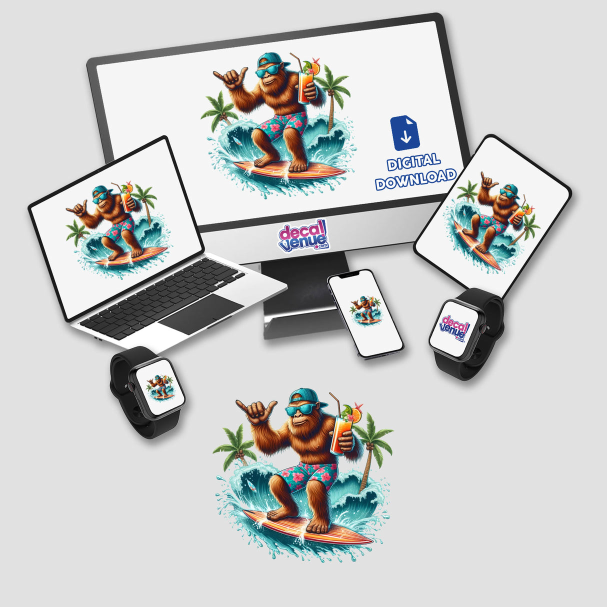 Surfing Tropical Beach Sasquatch depicted as a whimsical design available as stickers or digital artwork, capturing a playful Sasquatch surfing amidst tropical elements.
