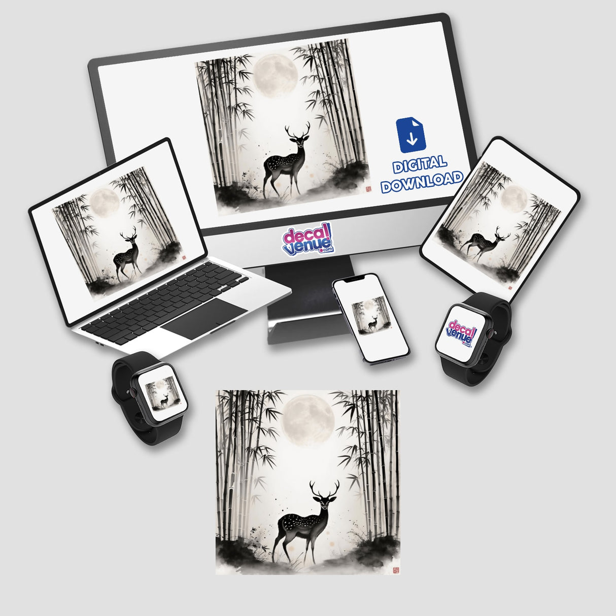 Deer in Bamboo Forest Under Moonlight Sumi-e Art available as stickers or digital artwork, showcasing a serene deer among bamboo under a moonlit sky, perfect for art lovers at Decal Venue.