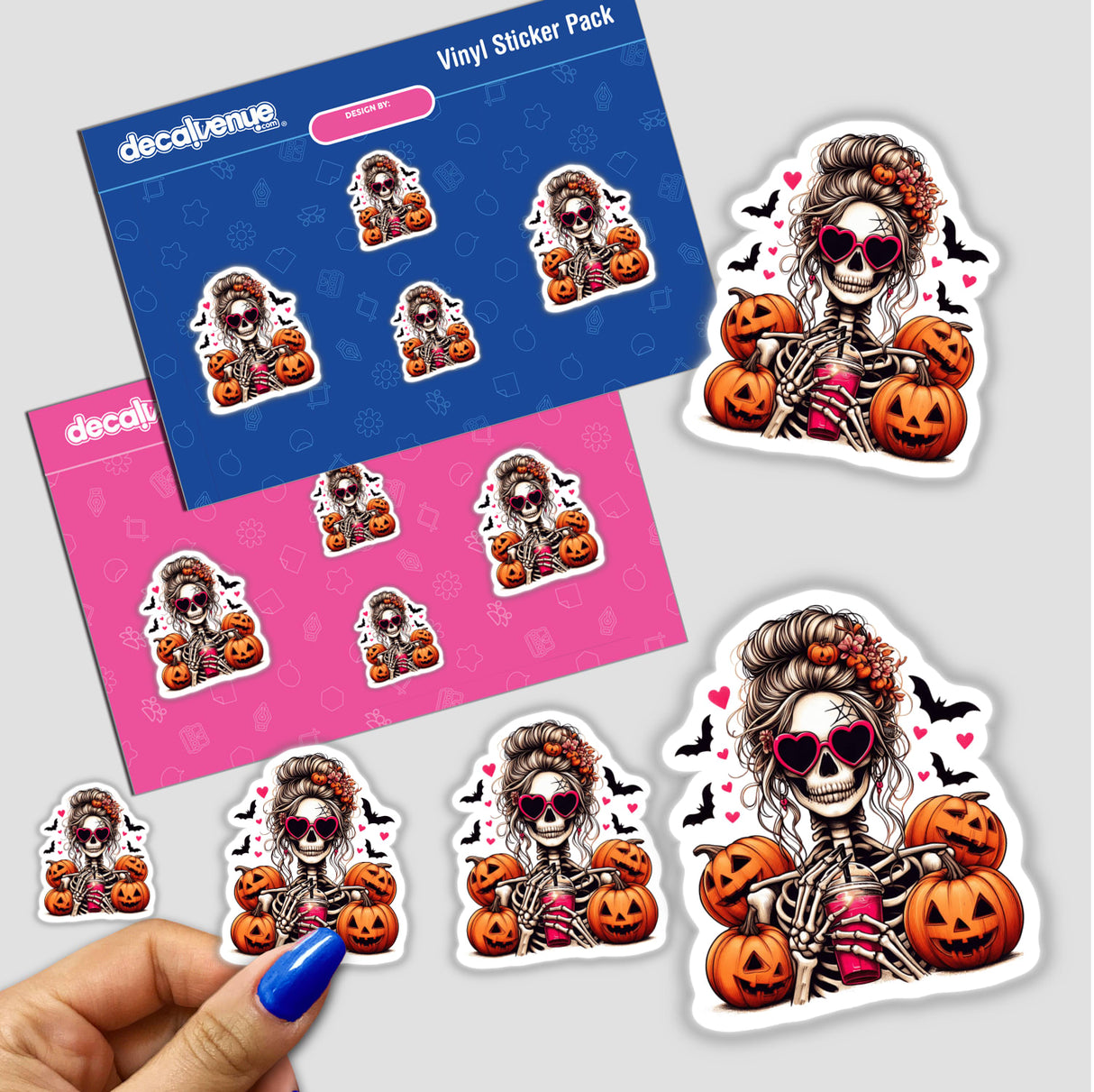 Spooky Halloween stickers featuring a skeleton woman with pumpkins and bats, created by Ella Designz and available at the Decal Venue store.
