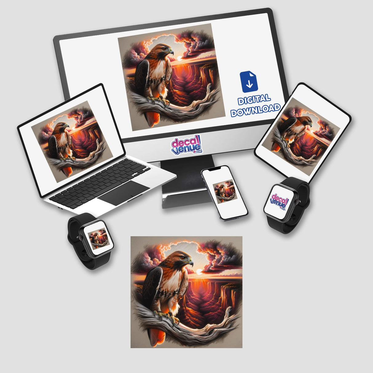 Hawk on a Gnarled Tree Branch in a Canyon Sunset depicted on electronic screens, showcasing digital artwork available as stickers or digital downloads.