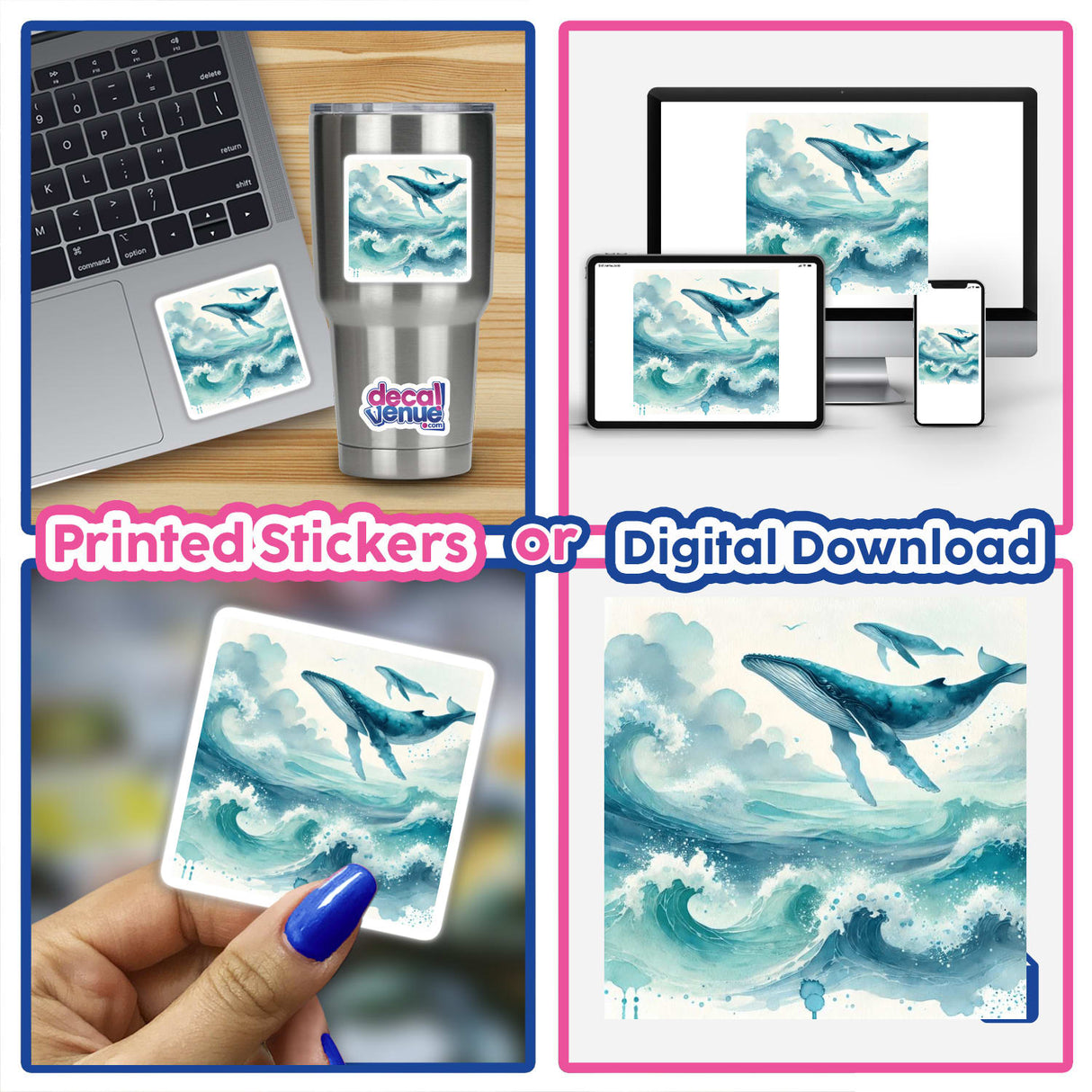 Collage showcasing Ocean Dreamscape - Waves and Whales in Watercolor stickers and digital art, featuring playful whales, waves, and marine-themed illustrations on various devices and mediums.