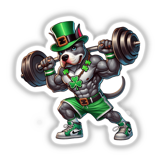 Irish Leprechaun Workout Pitbull Dog II: Cartoon of a muscular dog lifting weights, available as vinyl stickers or digital art, showcasing unique and playful fictional character design.