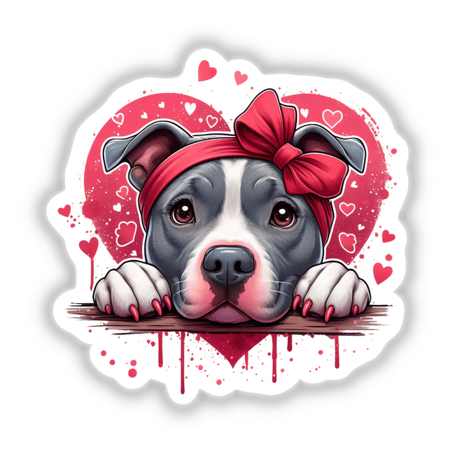 Splatter Hearts Peeking Pitbull Dog design featuring a cartoon-style pitbull with a red bow, ideal as stickers or digital artwork from Decal Venue, known for unique vinyl stickers and digital art.