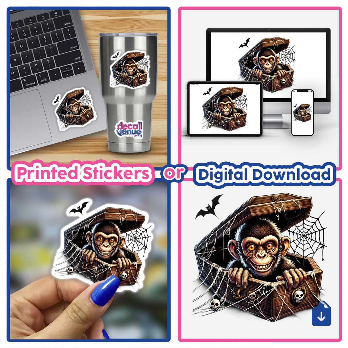 Spooky monkey peeking out of a coffin on digital artwork, printed stickers, and digital downloads available from the Decal Venue online store.