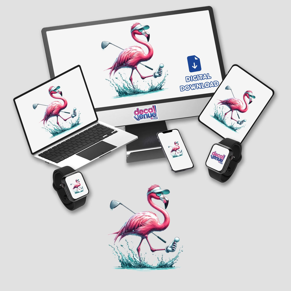 Flamingo Splash Golfer depicted on various devices, showcasing a flamingo with golf clubs and a hat. Available as stickers or digital artwork at Decal Venue.